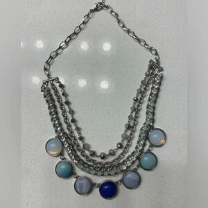 Ann Taylor Loft Triple Chain Necklace w/stones, lovely Ocean blues Silver tone